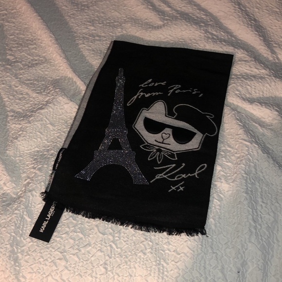 Karl Lagerfeld Black & Gray Rectangular Scarf Studded Eiffel Tower & Choupette - Picture 16 of 16